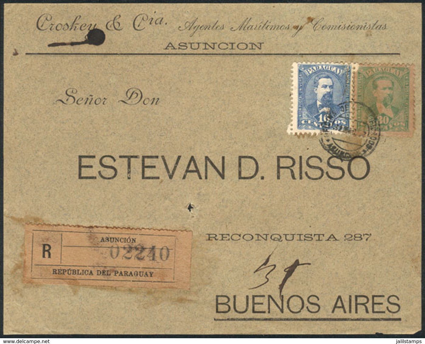 1085 PARAGUAY: Front Of A Registered Cover Franked With 40c., Sent From Asunción To B - Paraguay