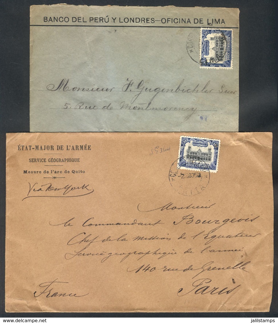 1112 PERU: 2 Covers Sent To USA And France In 1905 With The New Rate Of 12c., Franked - Peru