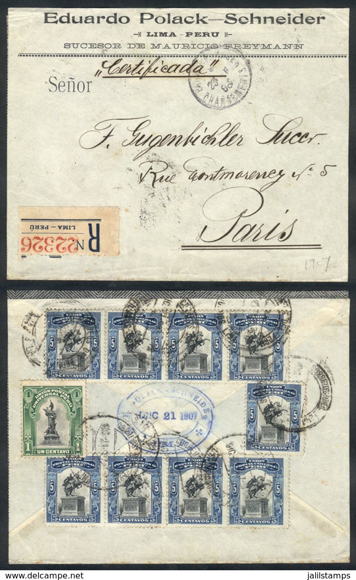 1116 PERU: 21/DE/1907 Lima - France, Registered Cover With Triple Rate (36c.) + 10c. - Peru