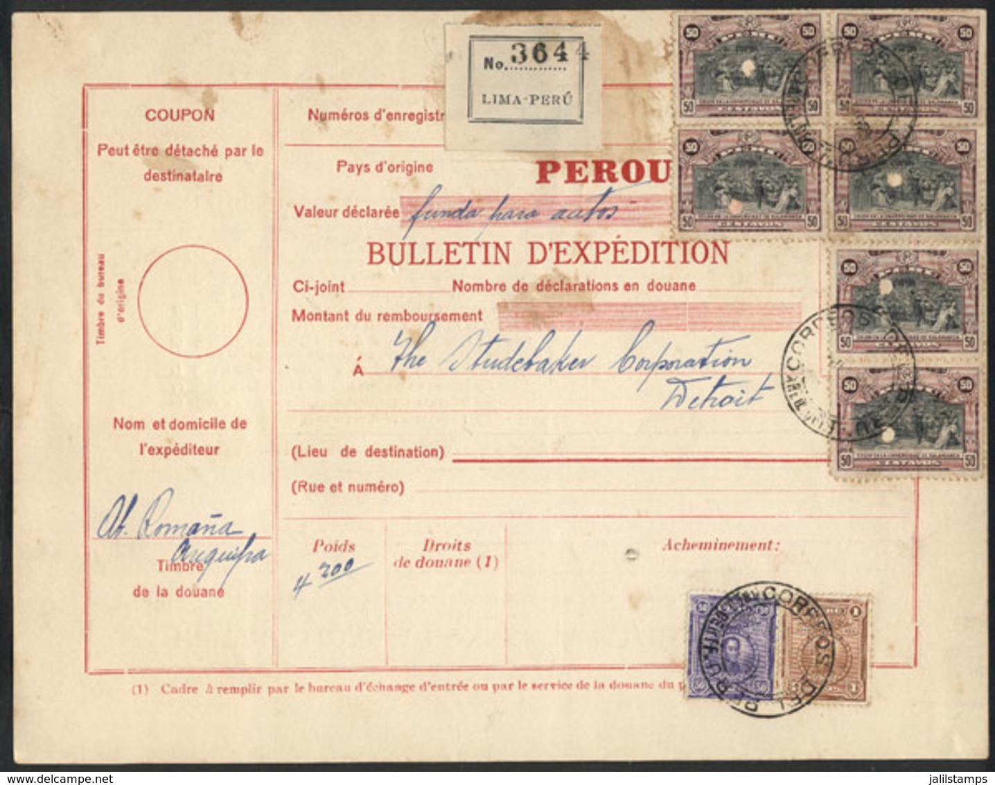 1122 PERU: Dispatch Note For A Parcel Postage Sent From Arequipa To USA (circa 1920) - Peru