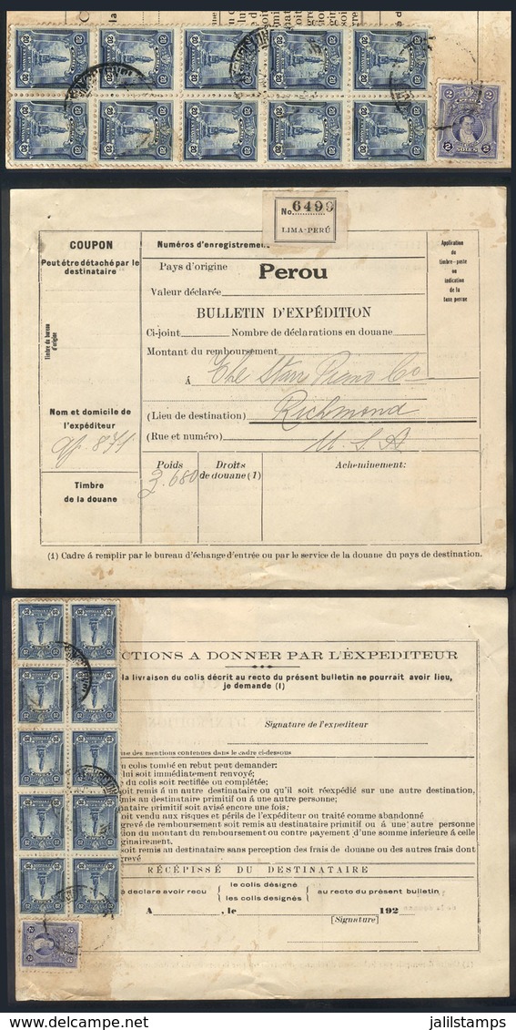 1125 PERU: Dispatch Note Of A Parcel Post Sent From Lima To USA In 1926, Franked With - Perú