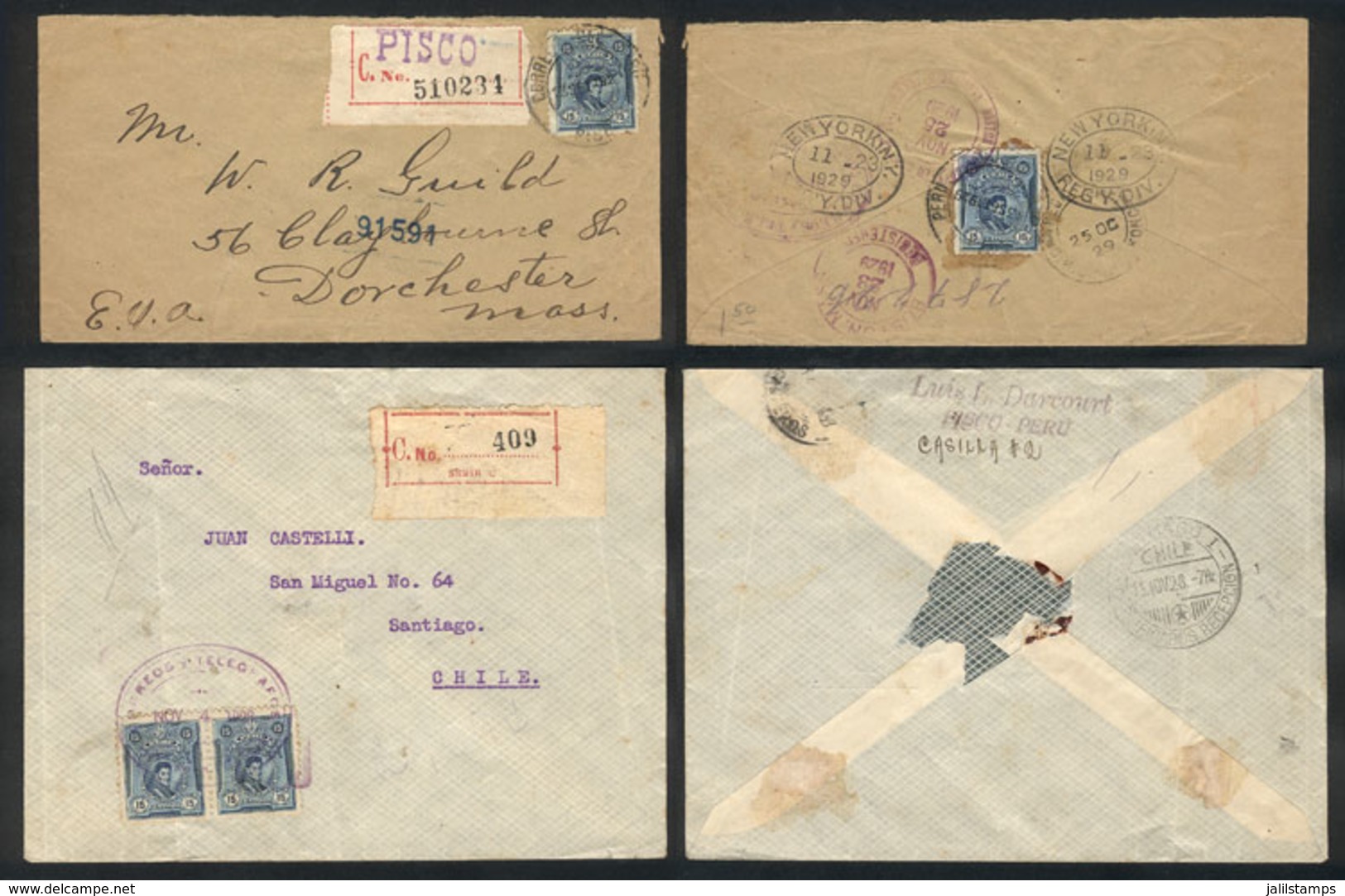 1128 PERU: 2 Covers Sent From Pisco To Chile And USA In 1928 And 1929 Franked With Th - Perú