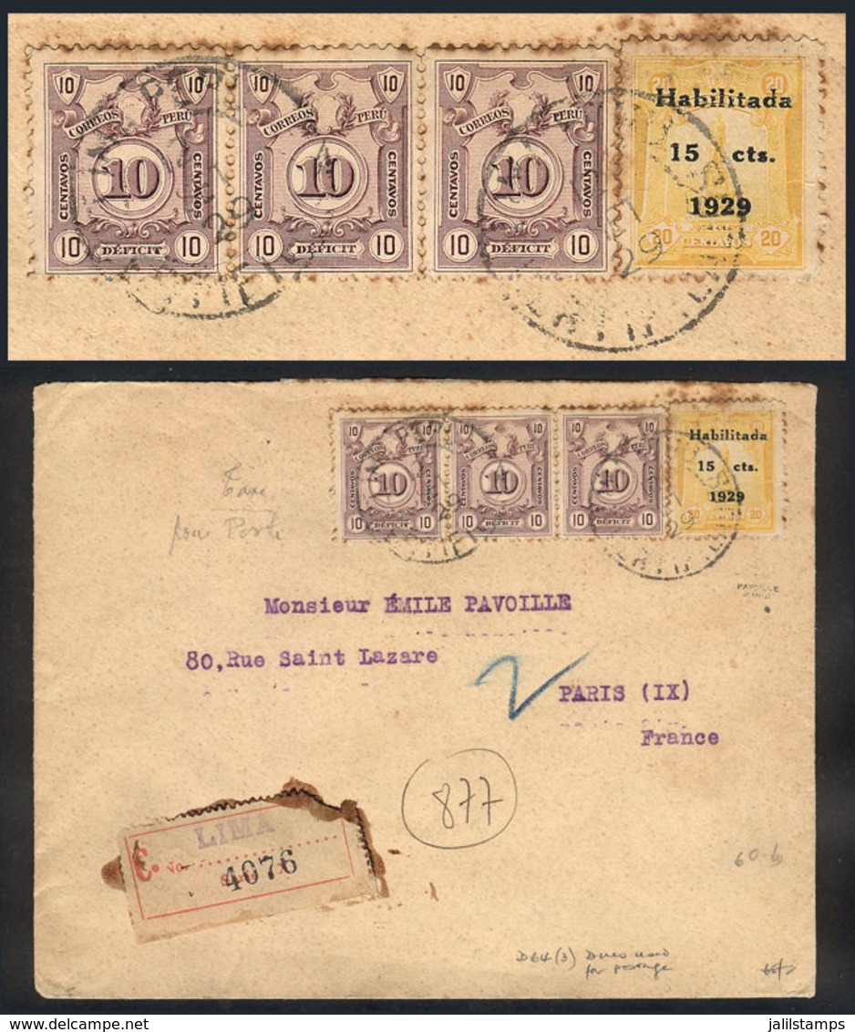 1131 PERU: 12/SE/1929 Lima - France, Registered Cover Franked With 45c. Consisting Of - Perú