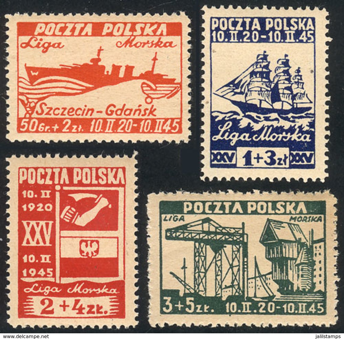 1148 POLAND: Yvert 446A/446D, 1945 Port Of Gdansk (ships, Crane), Cmpl. Set Of 4 MNH - Other & Unclassified