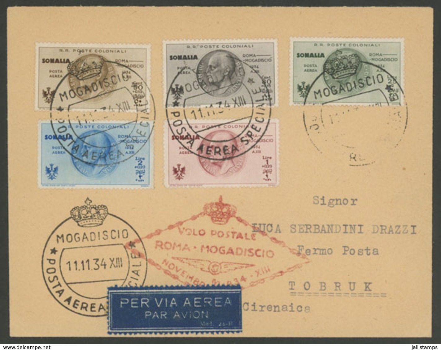 1180 ITALIAN SOMALILAND: 11/NO/1934 Mogadiscio - Tobruk, Return Flight To Roma, Nice - Somalie