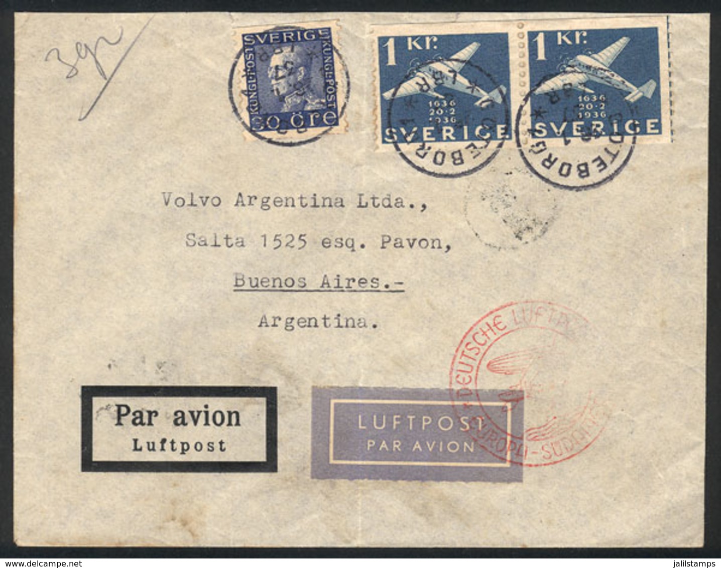 1183 SWEDEN: Airmail Cover Sent From Goteborg To Buenos Aires On 16/JA/1937 By German - Other & Unclassified