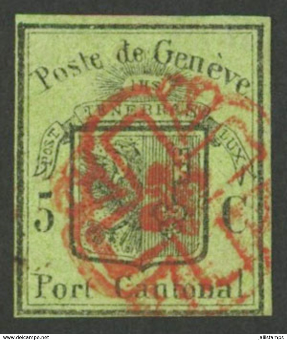 1186 SWITZERLAND: Sc.2L3, 1845/8 5c. Black On Yellow-green, Used With A Spectacular R - 1843-1852 Federal & Cantonal Stamps