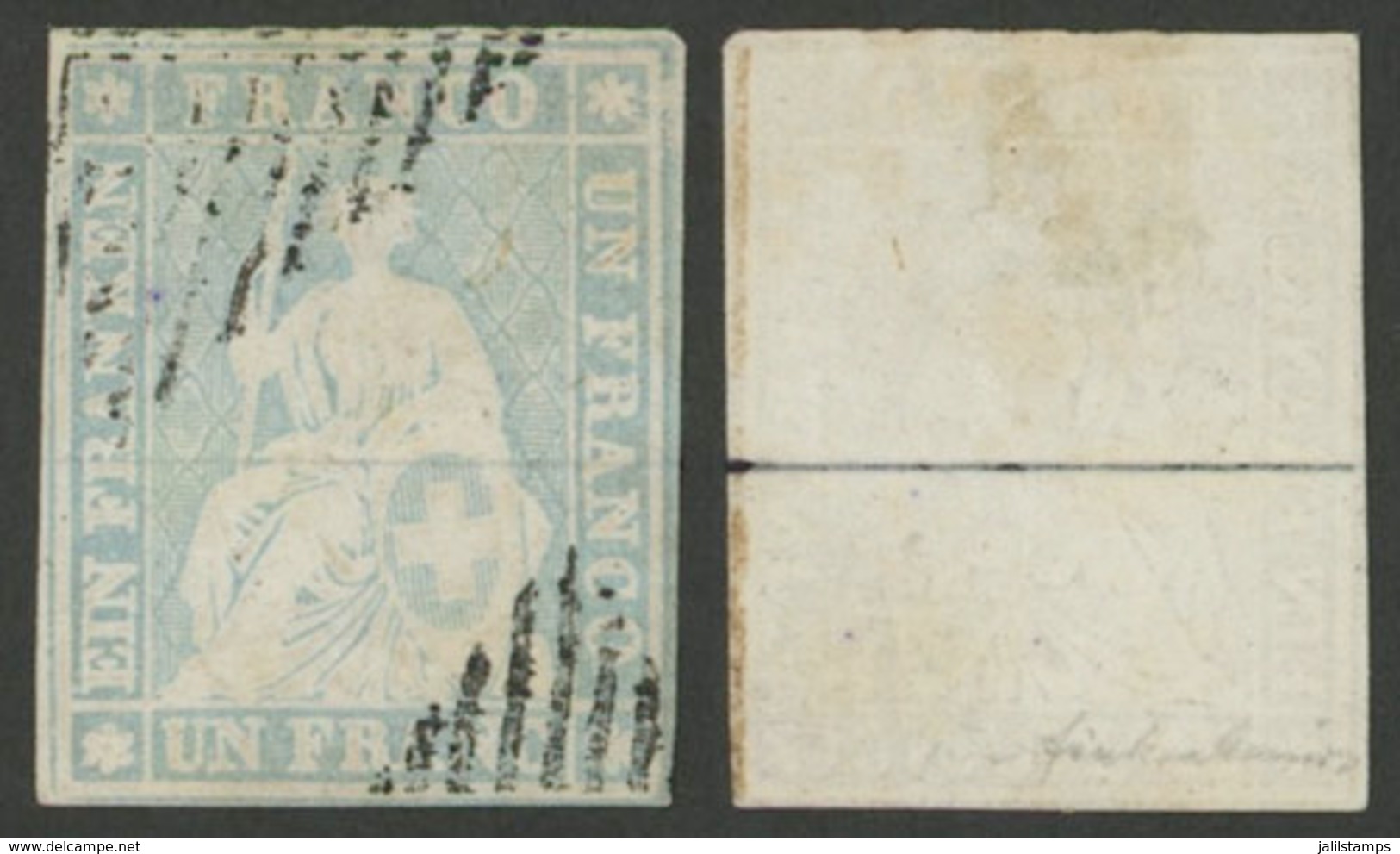 1191 SWITZERLAND: Sc.30, 1855/7 1Fr. Lavander With Black Silk Thread, Good Used Examp - Otros & Sin Clasificación