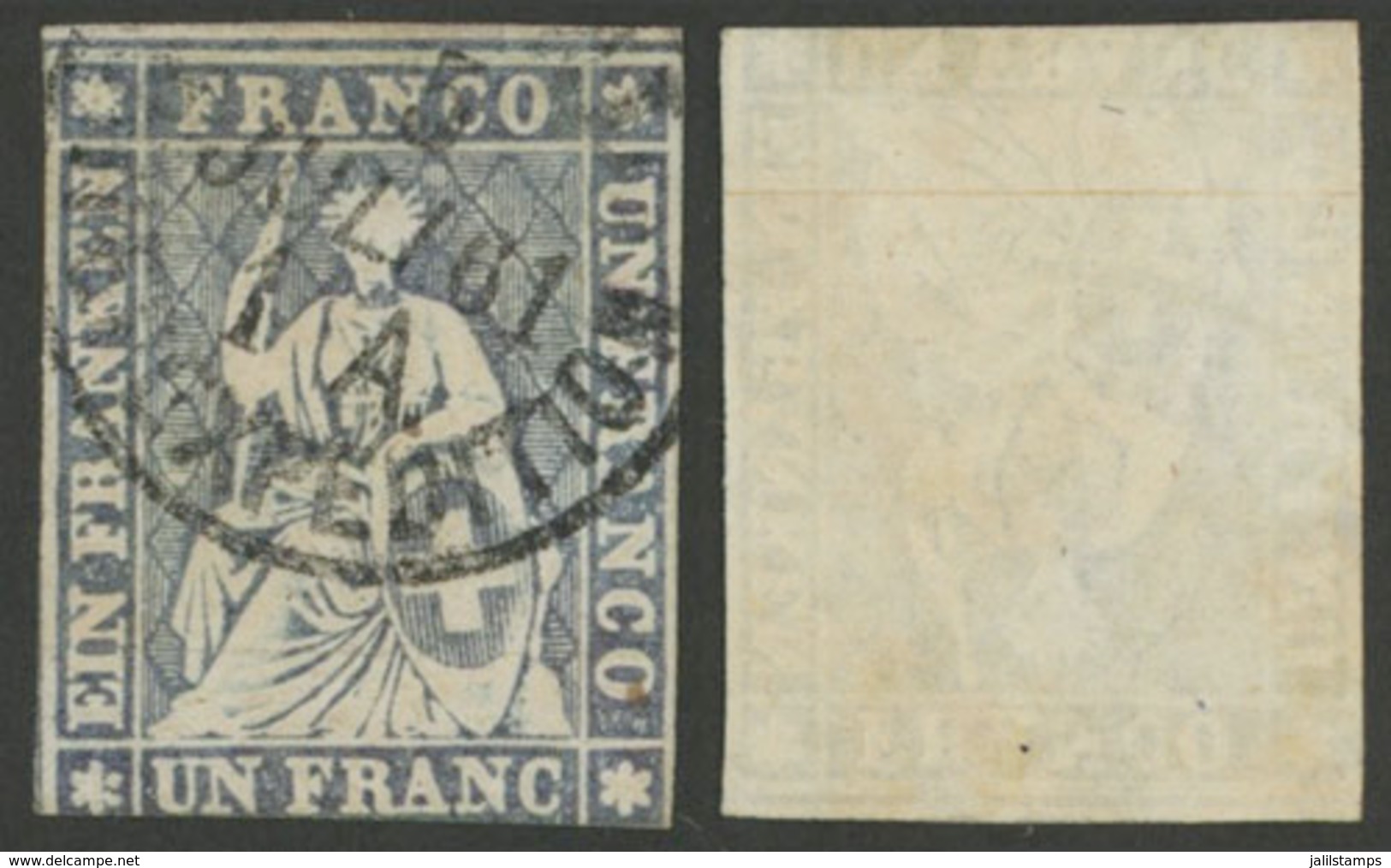 1192 SWITZERLAND: Sc.31, 1855/7 1Fr. Lavander With Yellow Silk Thread, Average Qualit - Other & Unclassified