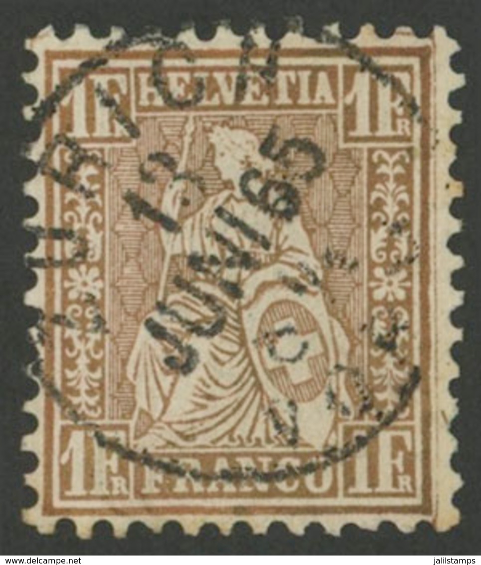 1194 SWITZERLAND: Sc.50a, 1864/4 1Fr. Yellowish Bronze, Used, With Tiny Crease In One - Otros & Sin Clasificación