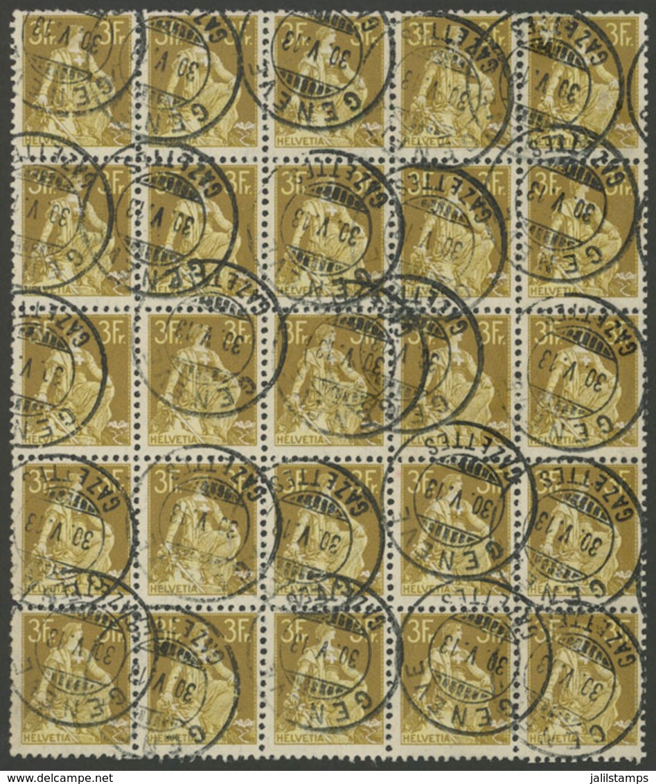 1198 SWITZERLAND: Sc.145, 1907/25 3Fr., Large Used Block Of 25 Examples, VF Quality! - Other & Unclassified