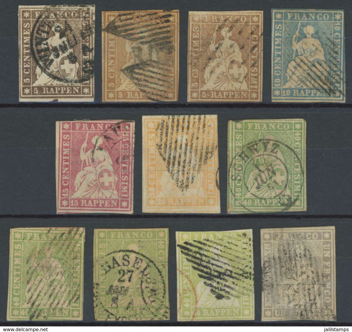 1209 SWITZERLAND: "Stockcard With 11 Used Imperforate ""Helvetia"" Examples, Issued B - Otros & Sin Clasificación