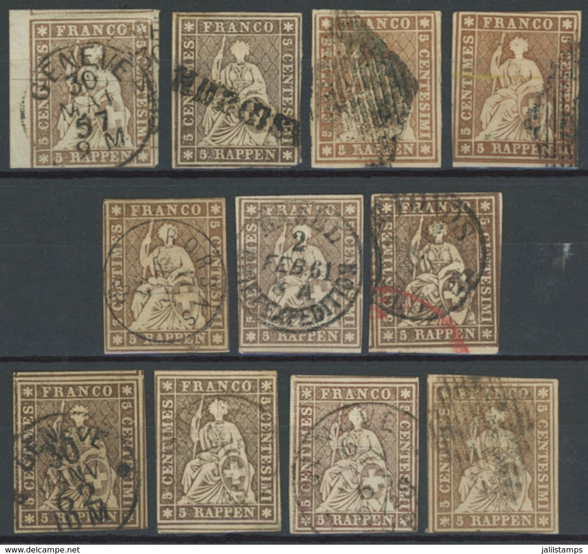 1210 SWITZERLAND: Sc.14 + Similar Values, 1854/1862 5Rp., Stockcard With 11 Used Exam - Other & Unclassified