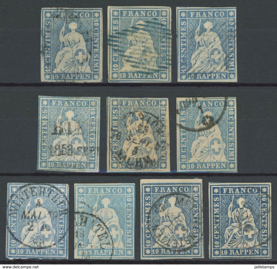 1211 SWITZERLAND: "Sc.14 + Similar Values, 1854/1862 10Rp., Stockcard With 10 Used Ex - Other & Unclassified