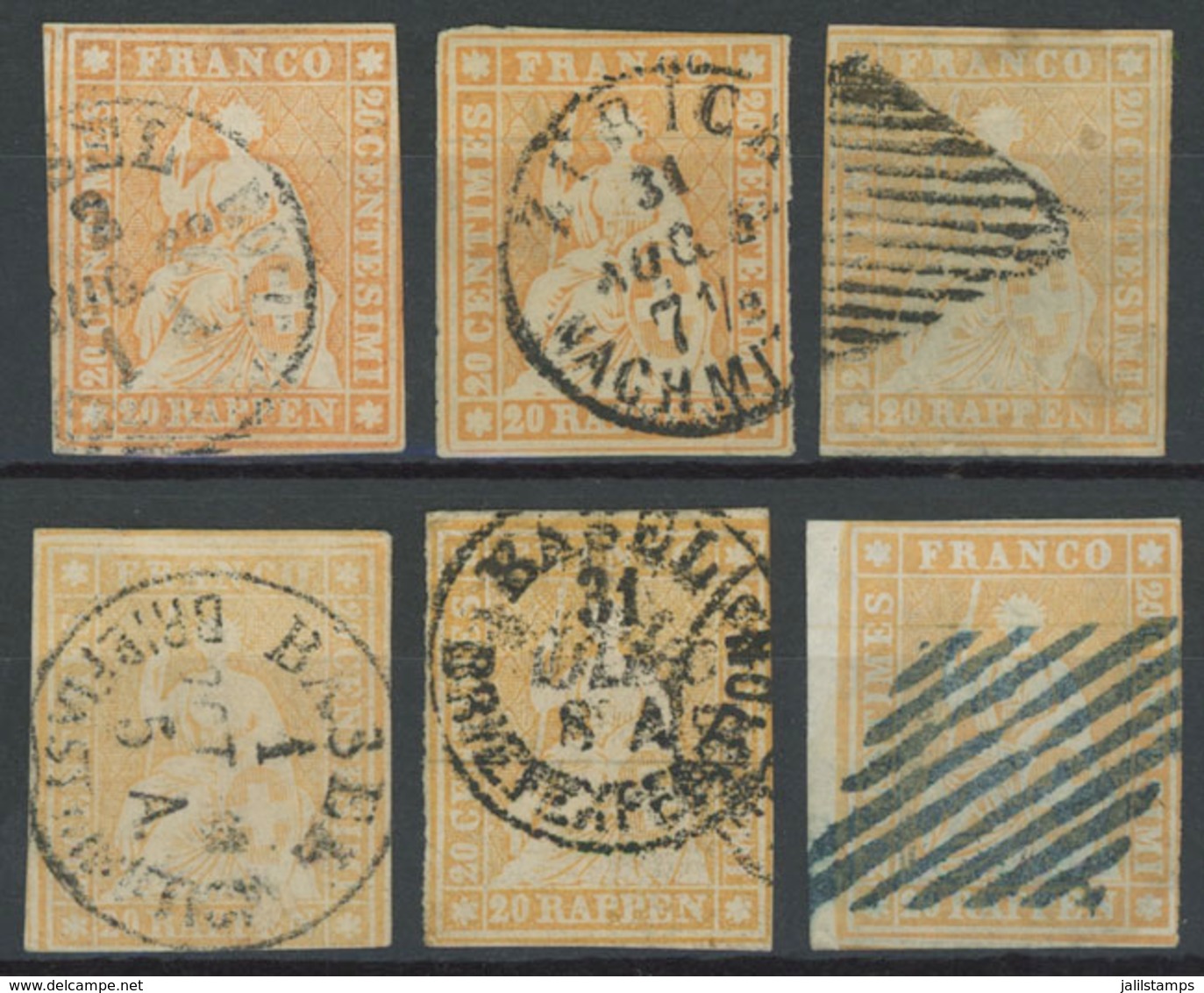 1213 SWITZERLAND: Sc.14 + Similar Values, 1854/1862 20Rp., Stockcard With 6 Used Exam - Other & Unclassified