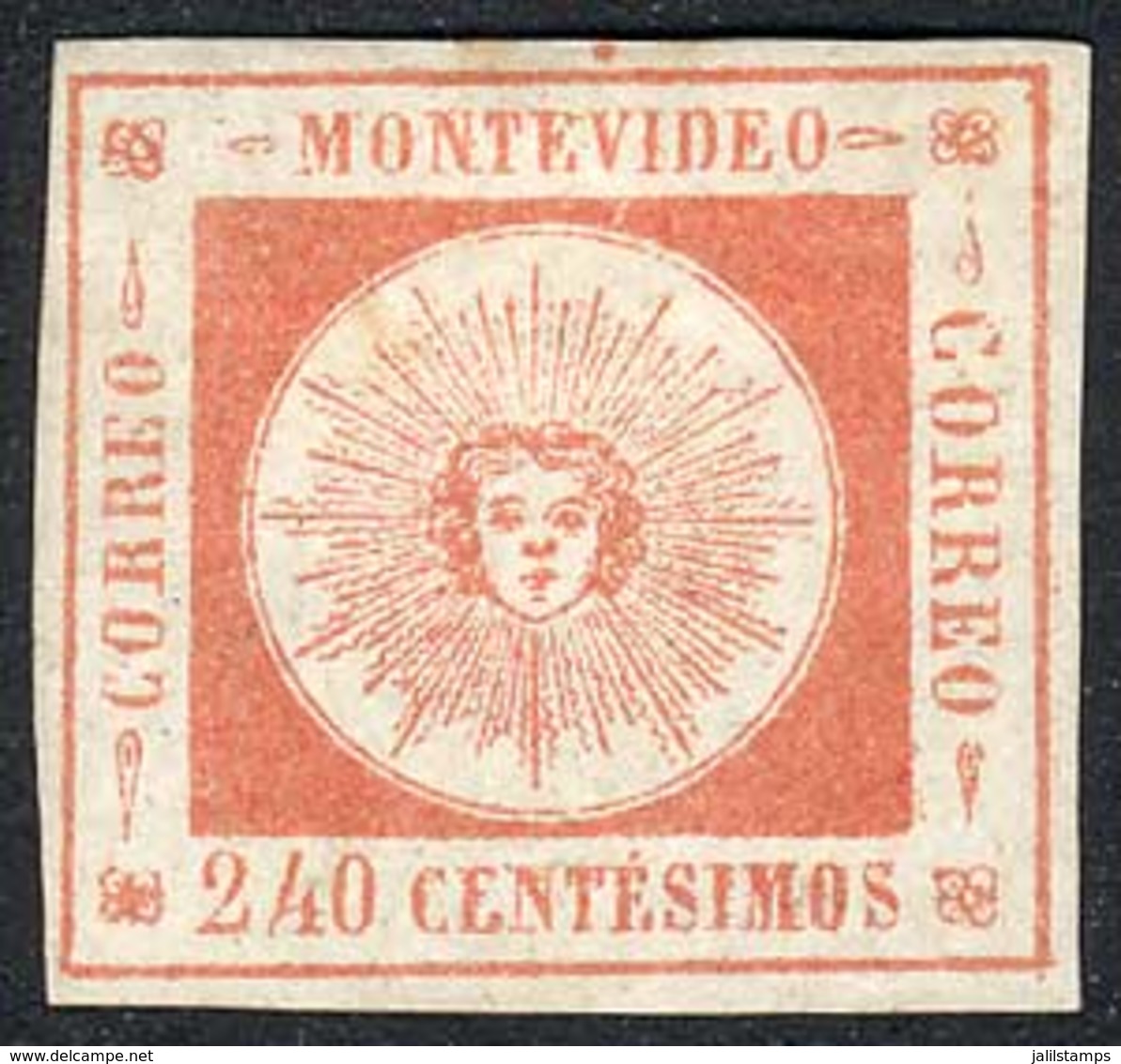 1243 URUGUAY: Yv.12, 1859 240c. Red, Thin Figures, Mint Without Gum, VF Quality,  Cat - Uruguay