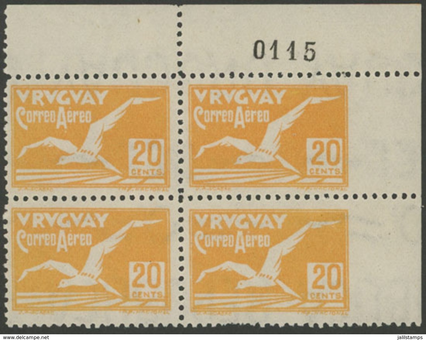 1248 URUGUAY: Sc.C15, 1928 Albatross 20c., Corner Block Of 4 IMPERFORATE At Right, Ex - Uruguay