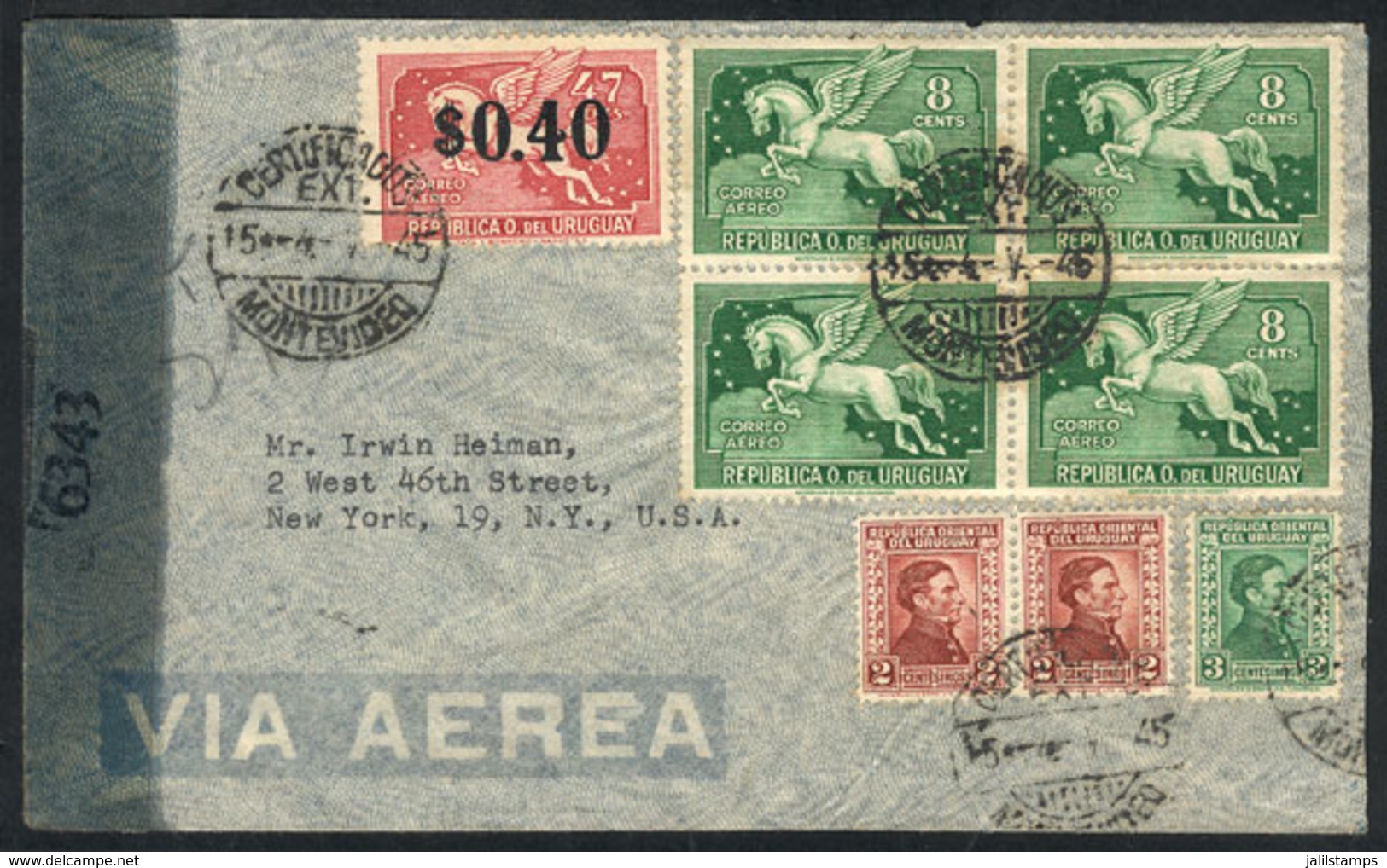 1260 URUGUAY: Registered Airmail Cover Sent From Montevideo To New York On 4/MAY/1945 - Uruguay