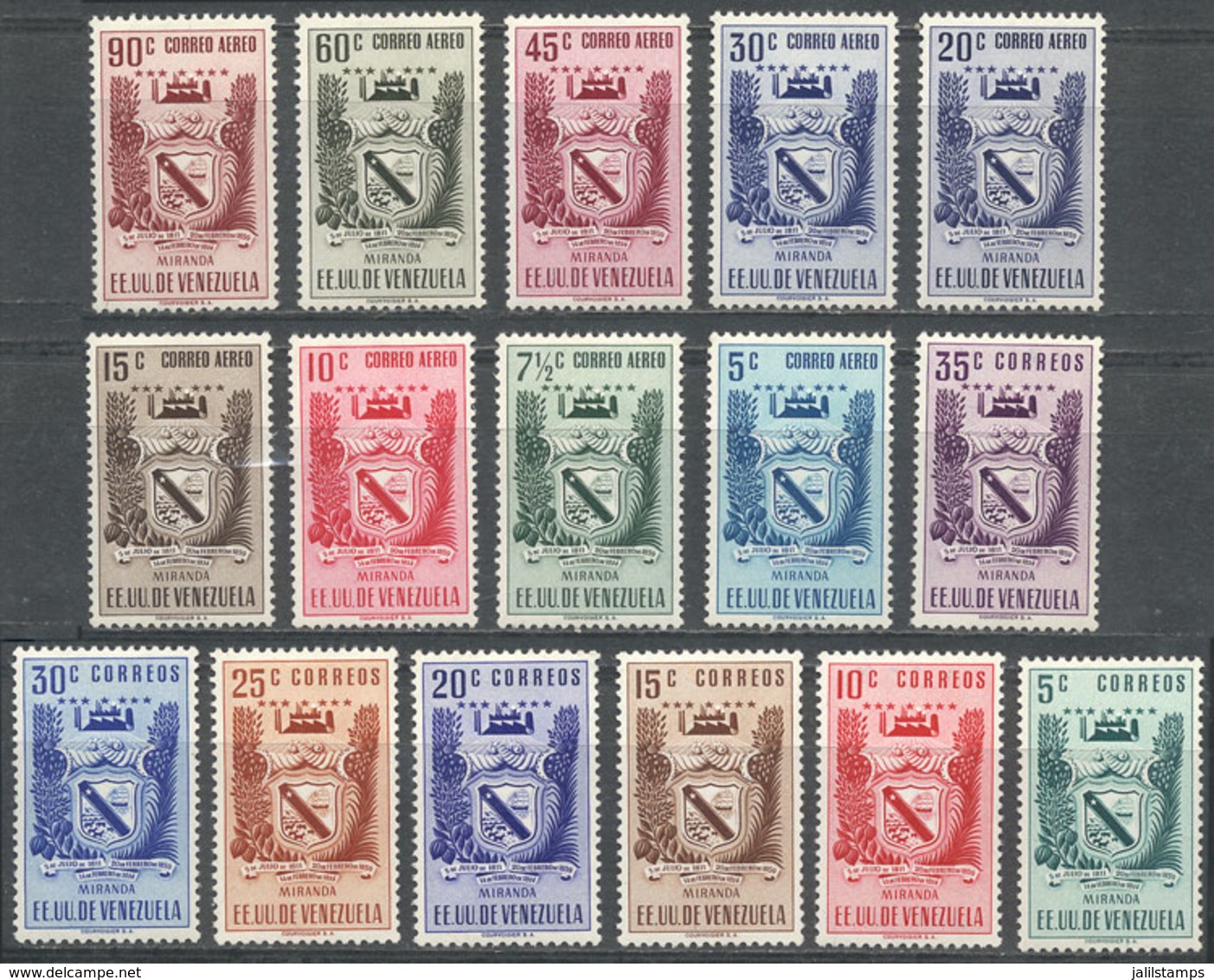 1272 VENEZUELA: Yvert 399/405 + A.409/417, 1952 Coat Of Arms Of Miranda, Cmpl. Set Of - Venezuela