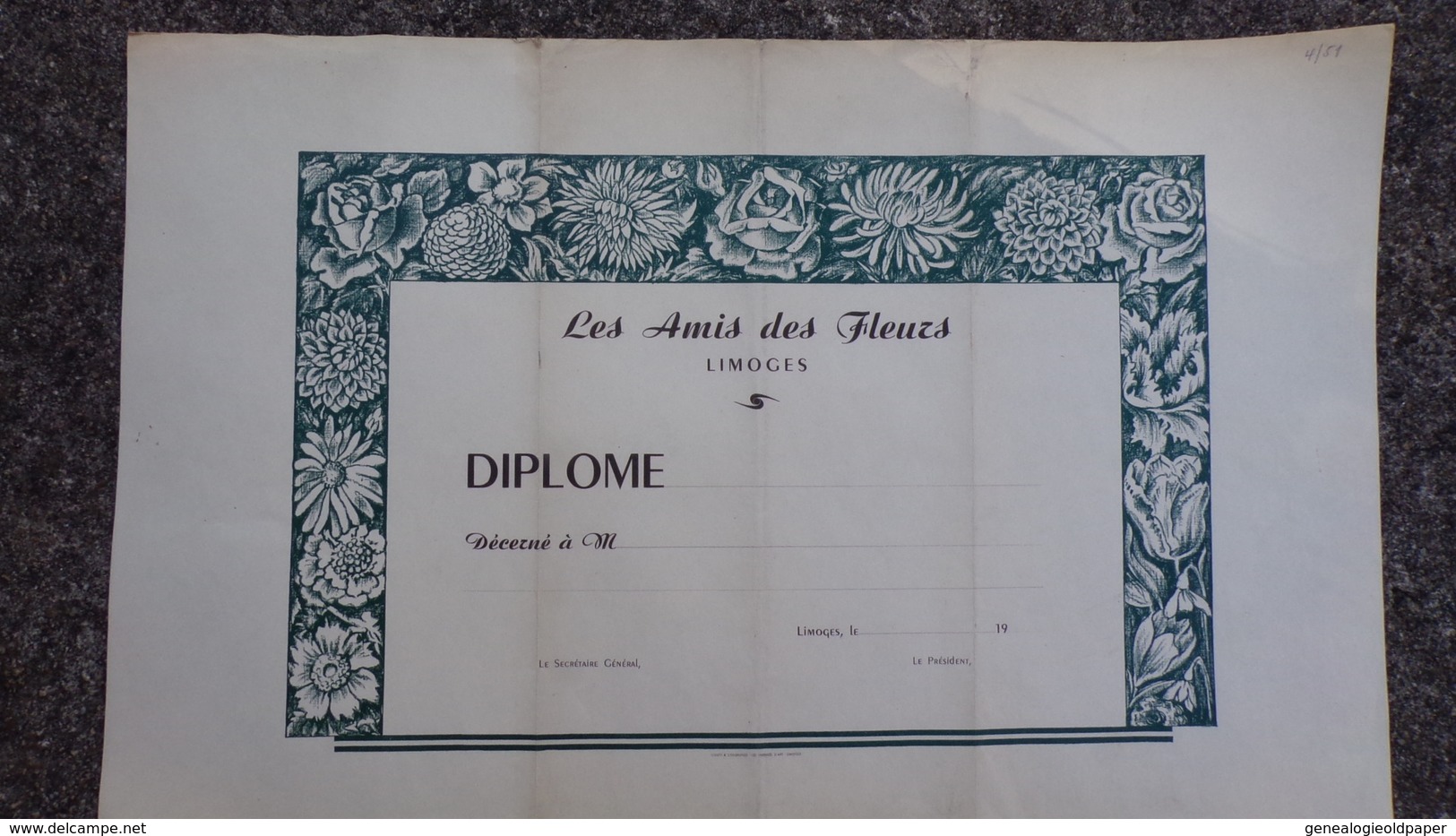 87- LIMOGES- RARE  DIPLOME VIERGE LES AMIS DES FLEURS -IMPRIMERIE COUTY & COMBROUZE - Diplomi E Pagelle