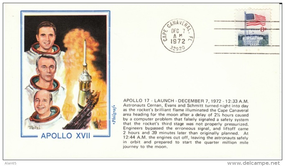 Apollo-17 Cover, Cape Canaveral Postmark, Astronauts Cernan Evans &amp; Schmitt Lift-off Last Apollo Mission - United States