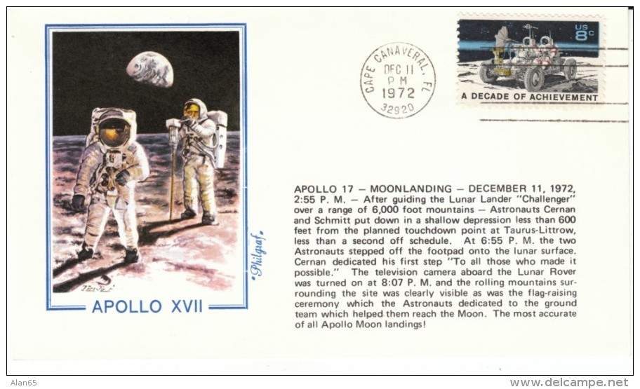 Apollo-17 Cover, Cape Canaveral Postmark, Astronauts Cernan Evans &amp; Schmitt Moon Walk Last Apollo Mission 11 Dec. 19 - United States