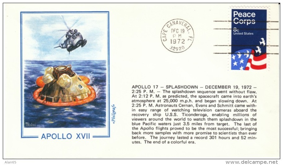 Apollo-17 Cover, Cape Canaveral Postmark, Astronauts Cernan Evans &amp; Schmitt, Splash Dow Last Apollo Mission 19 Dec. - United States