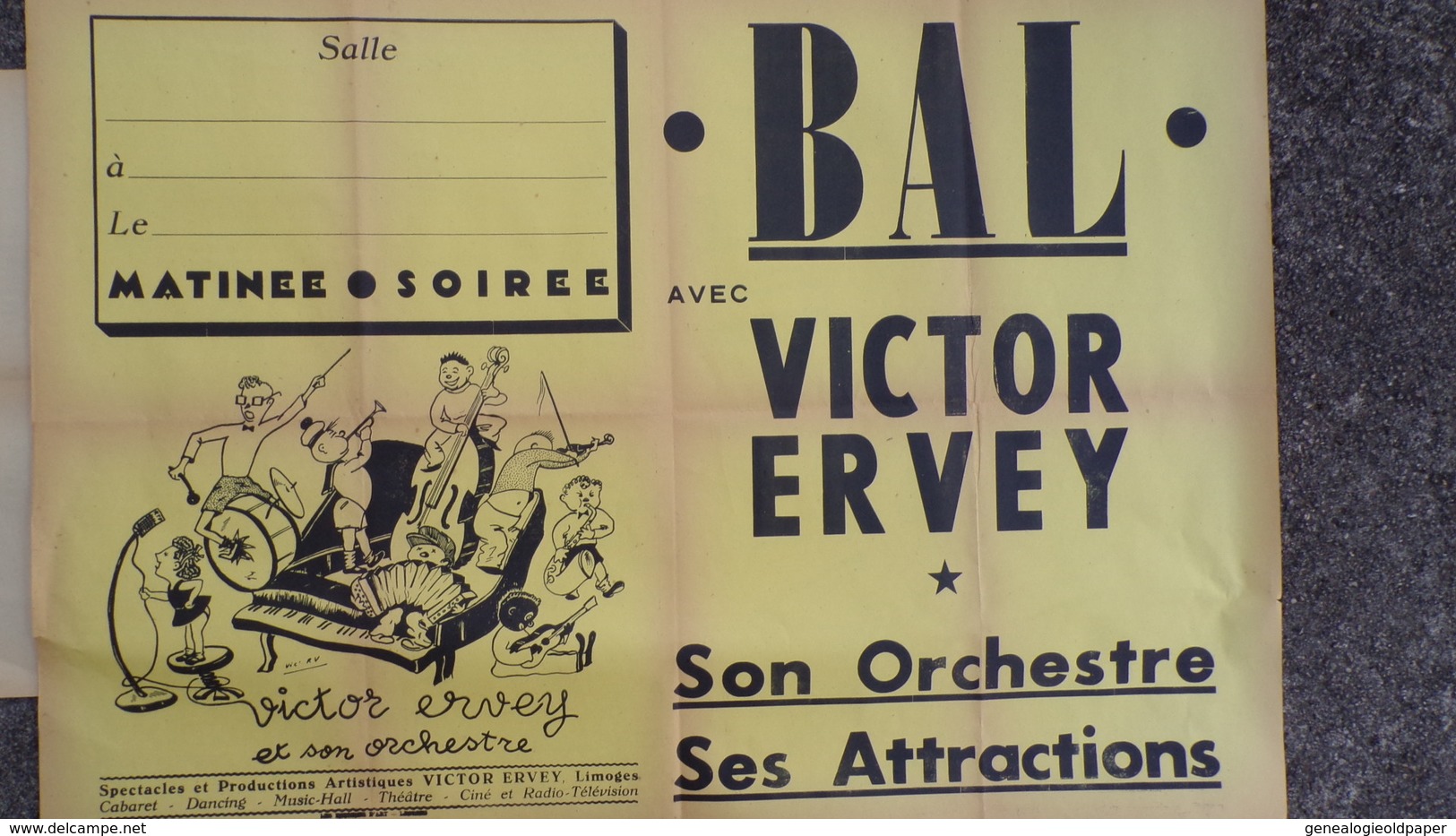 87- LIMOGES- RARE AFFICHE BAL VICTOR ERVEY ET SON ORCHESTRE- CABARET DANCING-MUSIC HALL-THEATRE-CINEMA RADIO - Posters