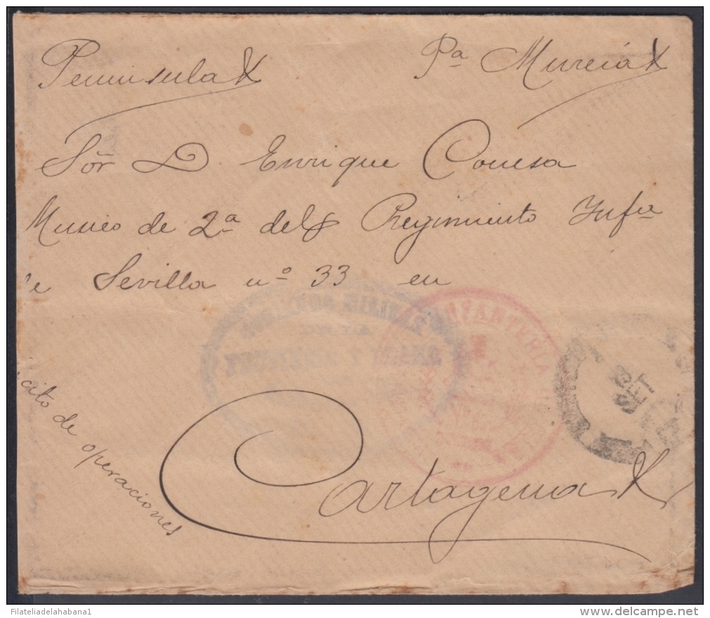 1898-H-70 CUBA ESPAÑA SPAIN. 1895. SPANISH AMERICAN WAR. FRANQUICIA GOB MILITAR DE SANTIAGO. REG INFANTERIA. RECEPCION E - Storia Postale