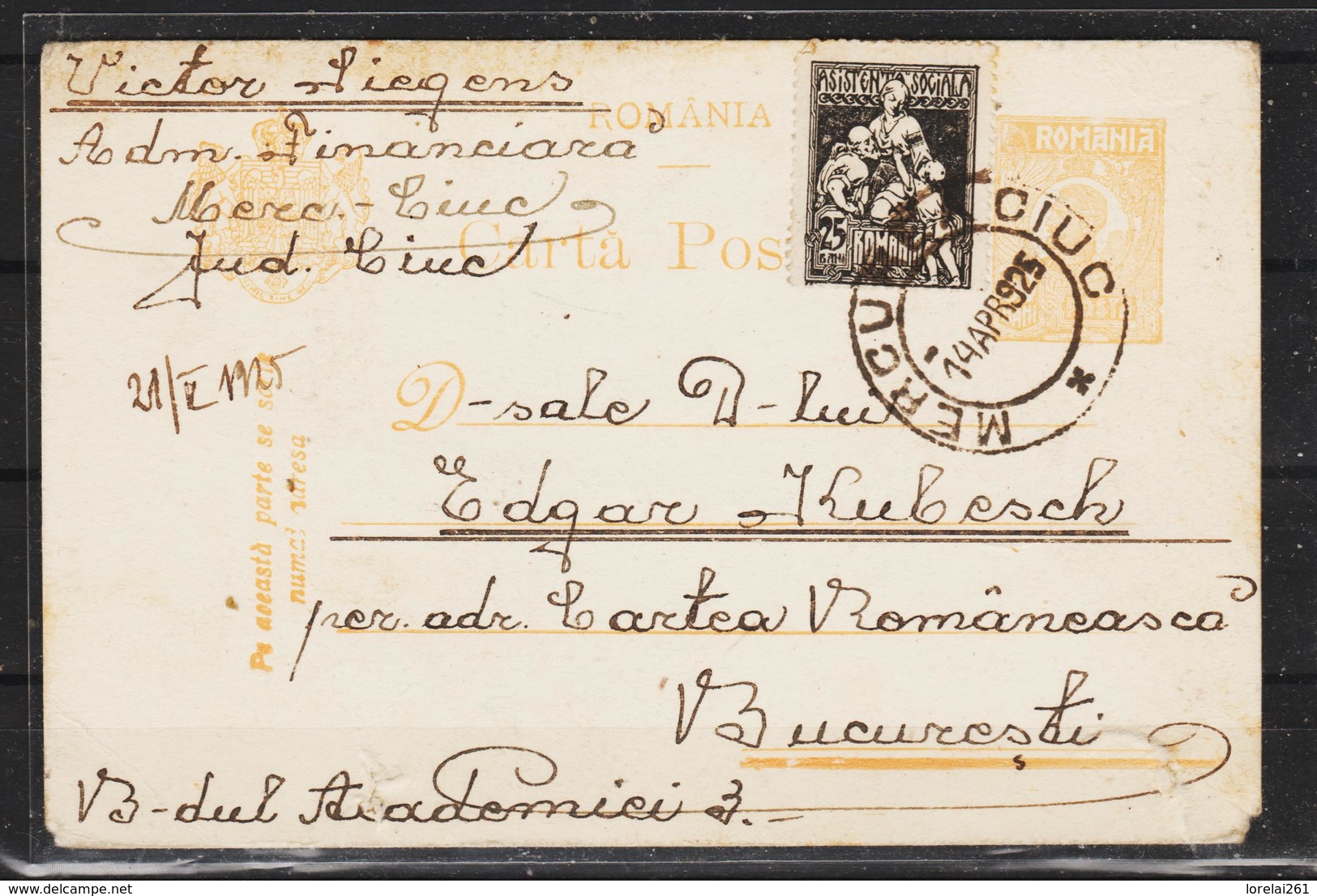 C.P.FERDINAND  Circulata 1925 Cu Obliterare Mercurea Ciuc - Storia Postale Prima Guerra Mondiale