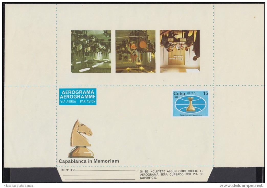 1982-EP-171 CUBA 1982 (LG1426) UNFOLDED POSTAL STATIONERY AEROGRAMME CHESS AJEDREZ ERROR "AEREC". - Storia Postale