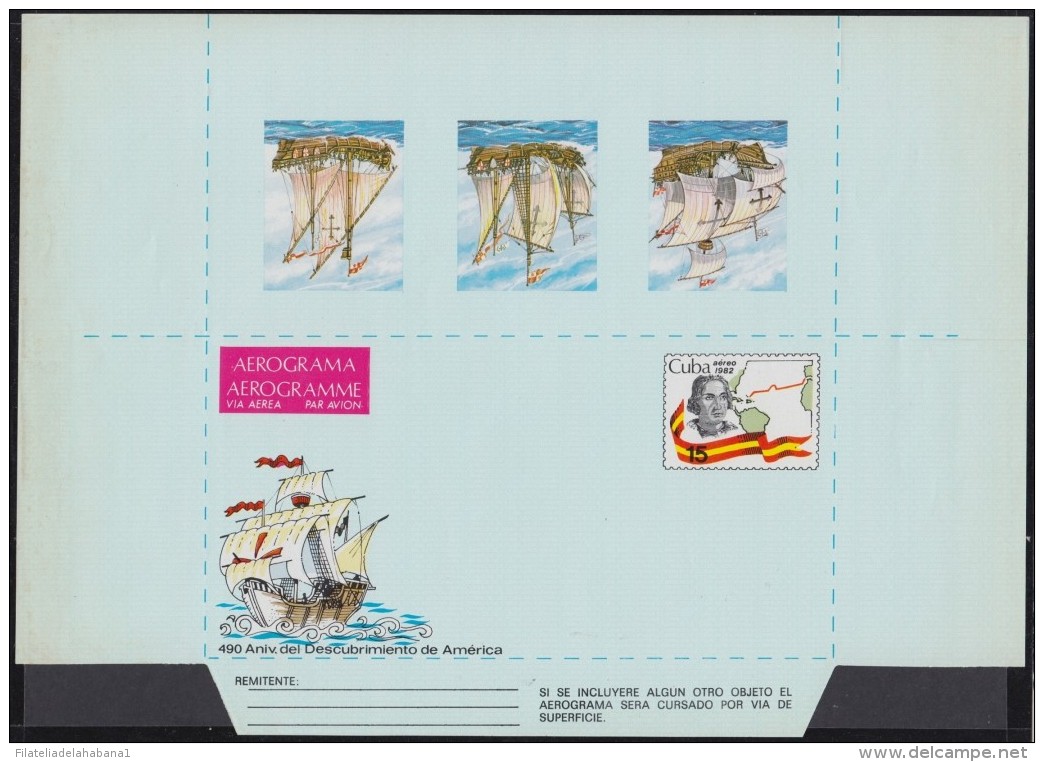 1982-EP-172 CUBA 1982 (LG1427) UNFOLDED POSTAL STATIONERY AEROGRAMME COLON DISCOVERY SHIP CARAVELA COLUMBUS. - Lettres & Documents