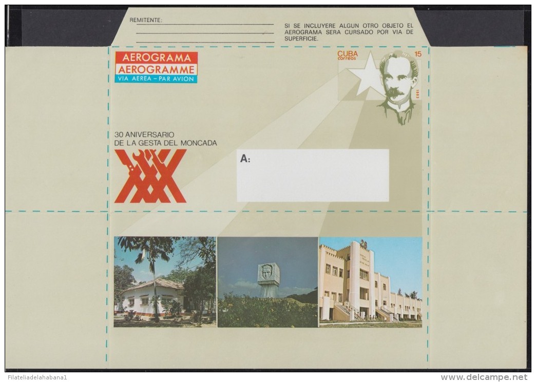 1983-EP-181 CUBA 1983 (LG1430) UNFOLDED POSTAL STATIONERY AEROGRAMME JOSE MARTI, MONCADA BARRACK, 30 ANIV ASALTO CUARTEL - Lettres & Documents