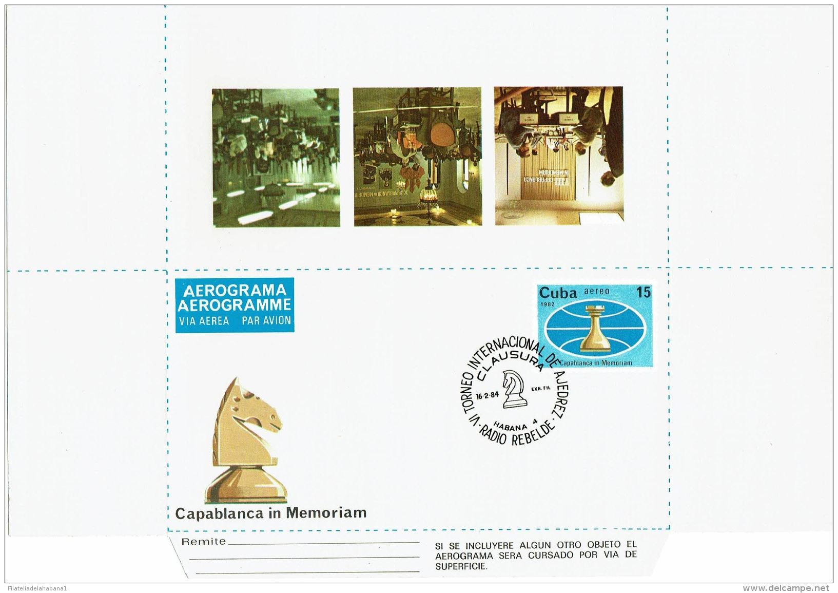 1984-CE-21 CUBA 1982 (LG1451) UNFOLDED AEROGRAMME CHESS AJEDREZ SPECIAL CANCEL 1984. CLAUSURA TORNEO RADIO REBELDE. - Storia Postale