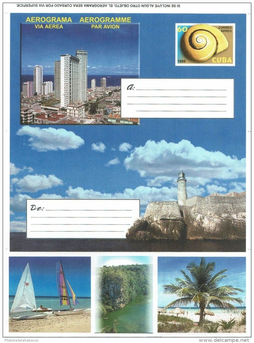 1999-EP-210 CUBA 1999 (LG1439) UNFOLDED POSTAL STATIONERY AEROGRAMME TURISTIC, TURISMO, MORRO CASTLE, BEACH, VARADERO. - Lettres & Documents