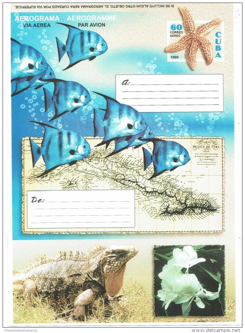 1999-EP-211 CUBA 1999 (LG1440) UNFOLDED POSTAL STATIONERY AEROGRAMME FISCH, PECES, MARIPOSA, FLORES, SEA STAR, IGUANA. - Lettres & Documents