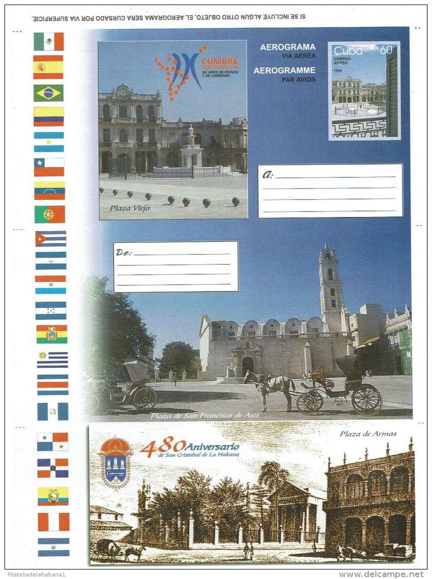 1999-EP-212 CUBA 1999 (LG1441) UNFOLDED POSTAL STATIONERY AEROGRAMME 480 ANIV FUNDACION DE LA HABANA, CUMBRE IBEROAMERIC - Lettres & Documents