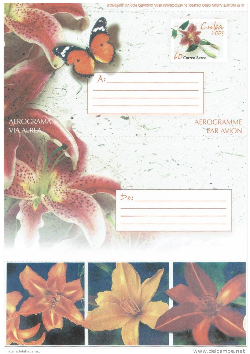 2003-EP-40 CUBA 2003 (LG1443) UNFOLDED POSTAL STATIONERY AEROGRAMME MARIPOSAS, BUTTERFLIES, FLORES. - Storia Postale