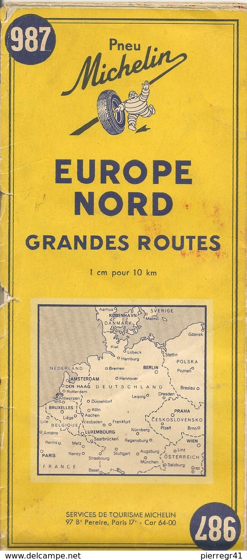CARTE-ROUTIERE-MICHELIN-1955-N°987-EUROPE NORD - 2/3 PLIS Un Peu Coupés-BE - Cartes Routières