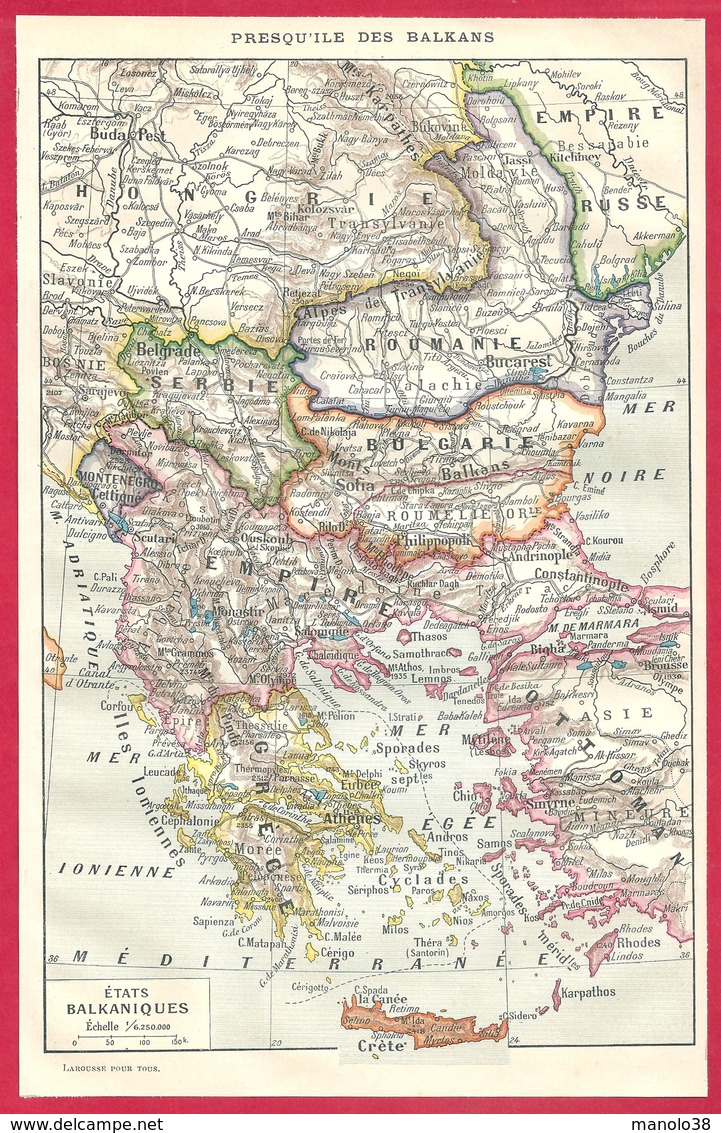 Presqu’île Des Balkans, Etats Balkaniques, Roumanie, Serbie, Bulgarie, Empire Ottoman, Grèce..., Larousse 1908 - Autres & Non Classés