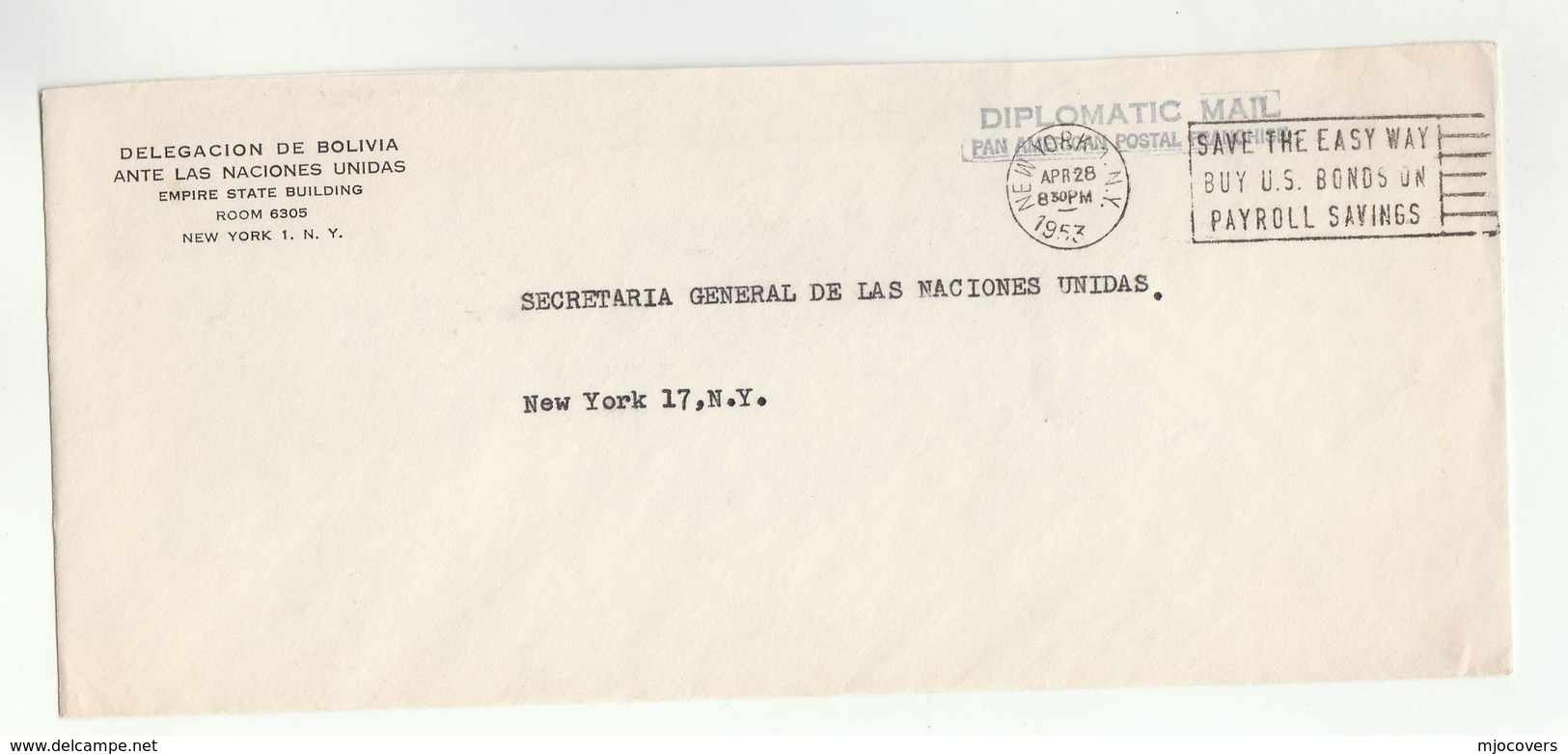 1953 BOLIVIA DELEGATION To UN SECRETARY GENERAL United Nations Usa POST FREE PANAMERICAN POSTCONVENTION Diplomatic Cover - Bolivia