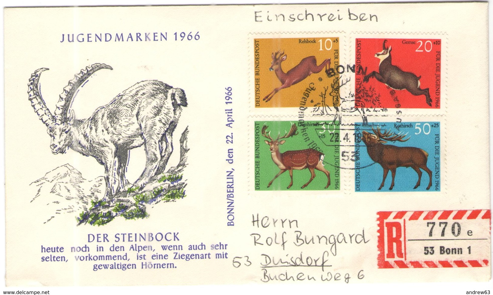 GERMANIA - GERMANY - Deutschland - ALLEMAGNE - 1966 - Jugendmarken - FDC - Bonn - Einschreiben - Registered - Altri & Non Classificati