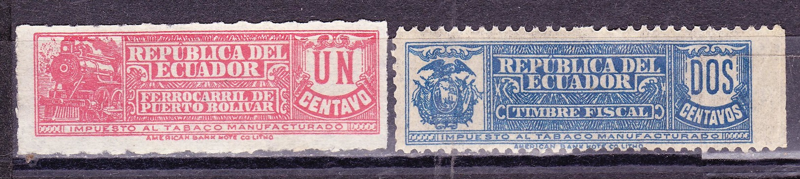 ECUADOR 1920'S-1930'S TOBACCO TAX PRO TRAIN RAILWAY PUERTO BOLIVAR 1 C. RED & FISCAL REVENUE COAT OF ARMS 2 C. BLUE MNG - Ecuador