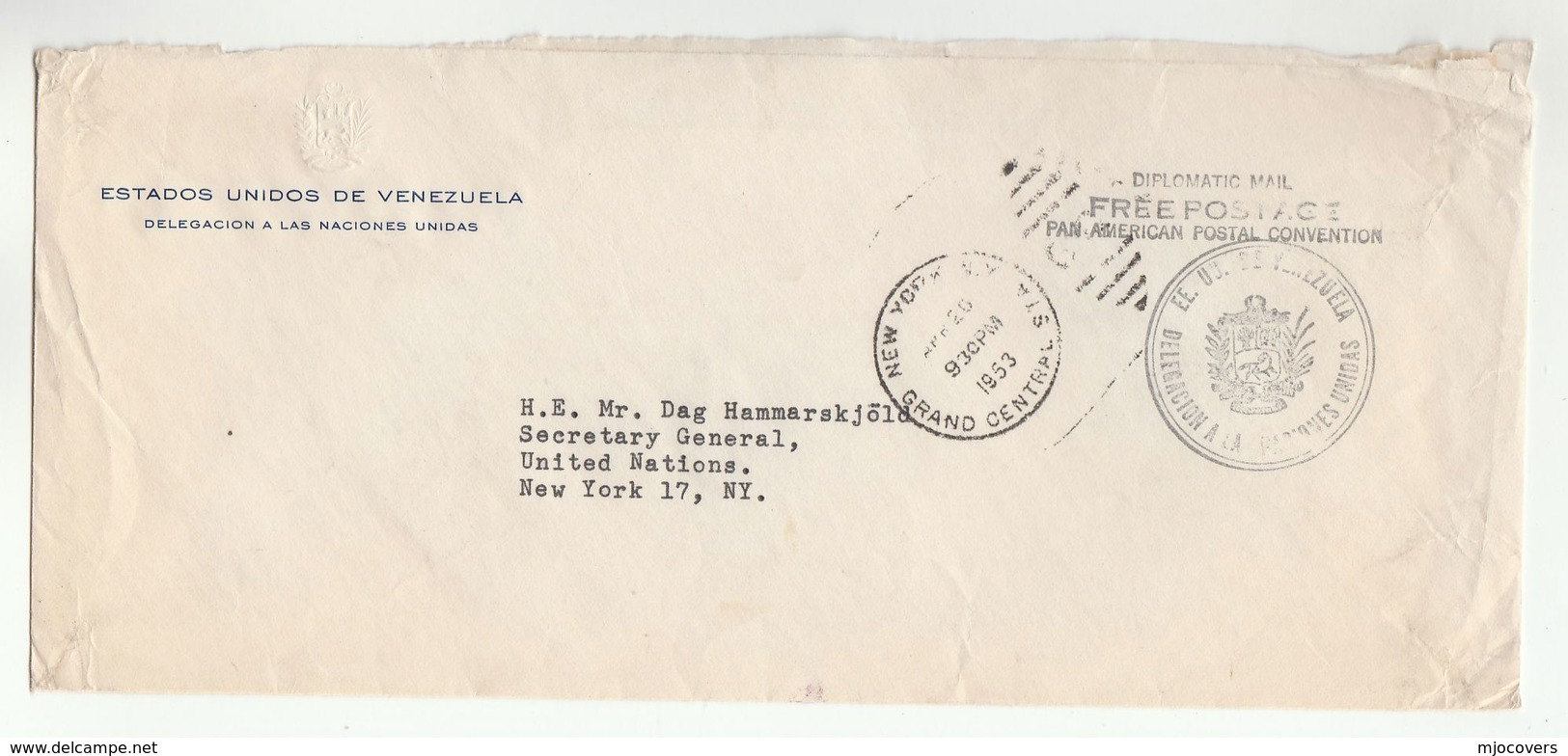 1953 VENEZUELA DELEGATION To DAG HAMMARSKJOLD UN SECRETARY GENERAL United Nations Usa DIPLOMATIC POST FREE  Cover - Venezuela