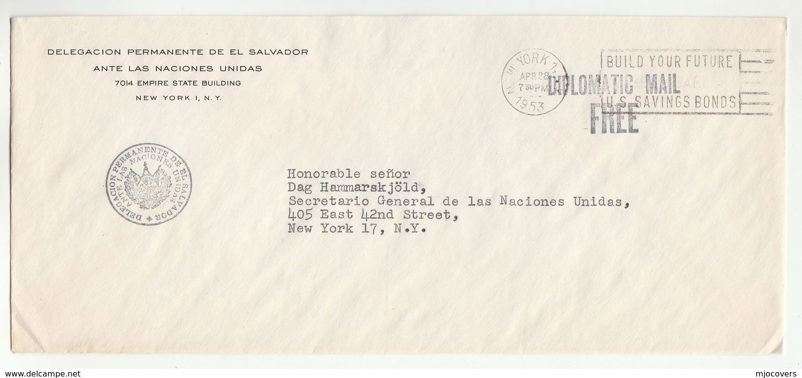 1953 EL SALVADOR DELEGATION To DAG HAMMARSKJOLD UN SECRETARY GENERAL United Nations Usa DIPLOMATIC POST FREE  Cover - El Salvador