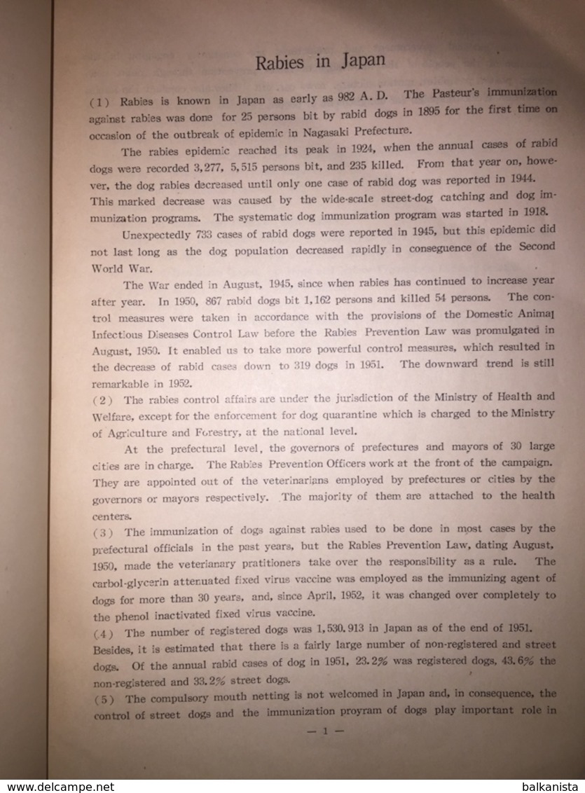 Rabies In Japan Ministry Of Welfare Tokyo 1952 - Autres & Non Classés