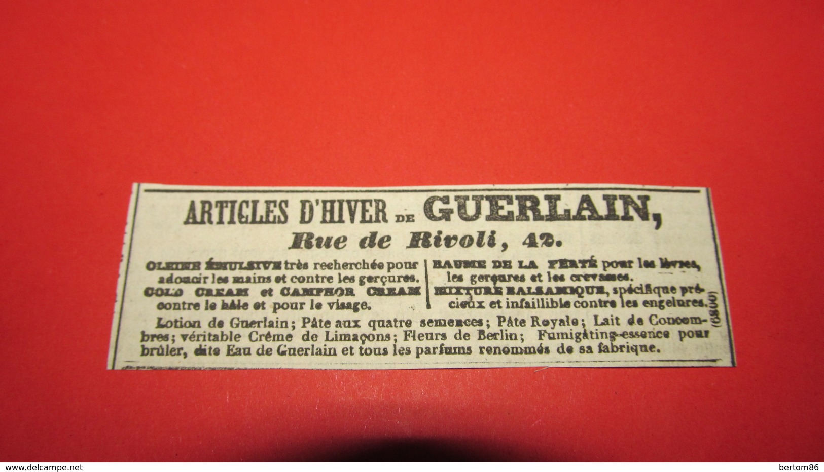 GUERLAIN ARTICLE D'HIVER 42 RUE DE RIVOLI - PETITE PUBLICITE DE 1843. - Publicités