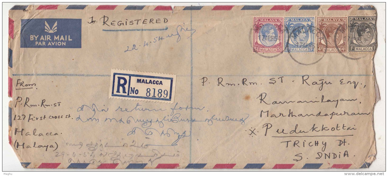 $1 And Other Values KGVI 1949 Used On Regd Airmail Cover, Malacca To India, Malyasia, Singapore Cds, As Scan - Malacca