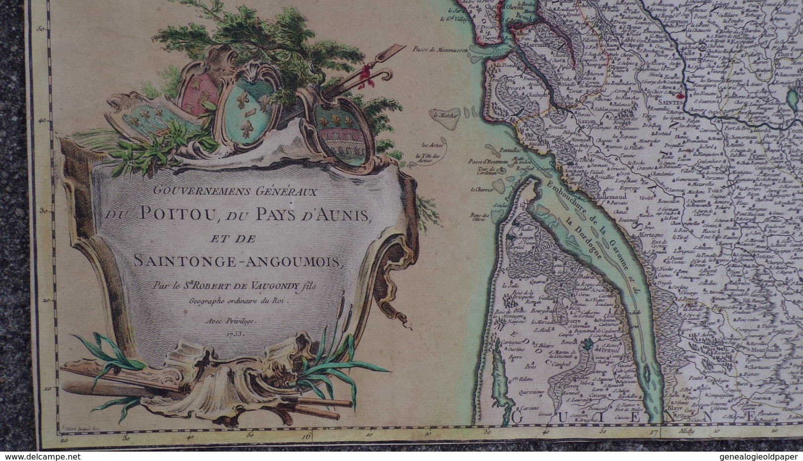 17-16-33-85-87-RARE CARTE GOUVERNEMENT GENERAUX DU POITOU- AUNIS-SAINTONGE-ANGOUMOIS-VAUGONDY 1753-ROYAN-ILE RE-OLERON- - Geographical Maps