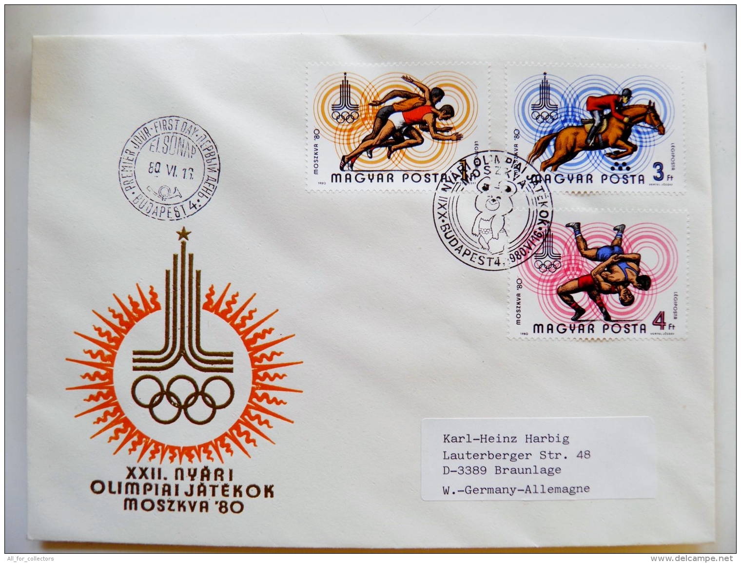 Cover Hungary Olympic Games Moscow Ussr 1980 Special Cancel Horse Sport Wrestling - Ete 1980: Moscou